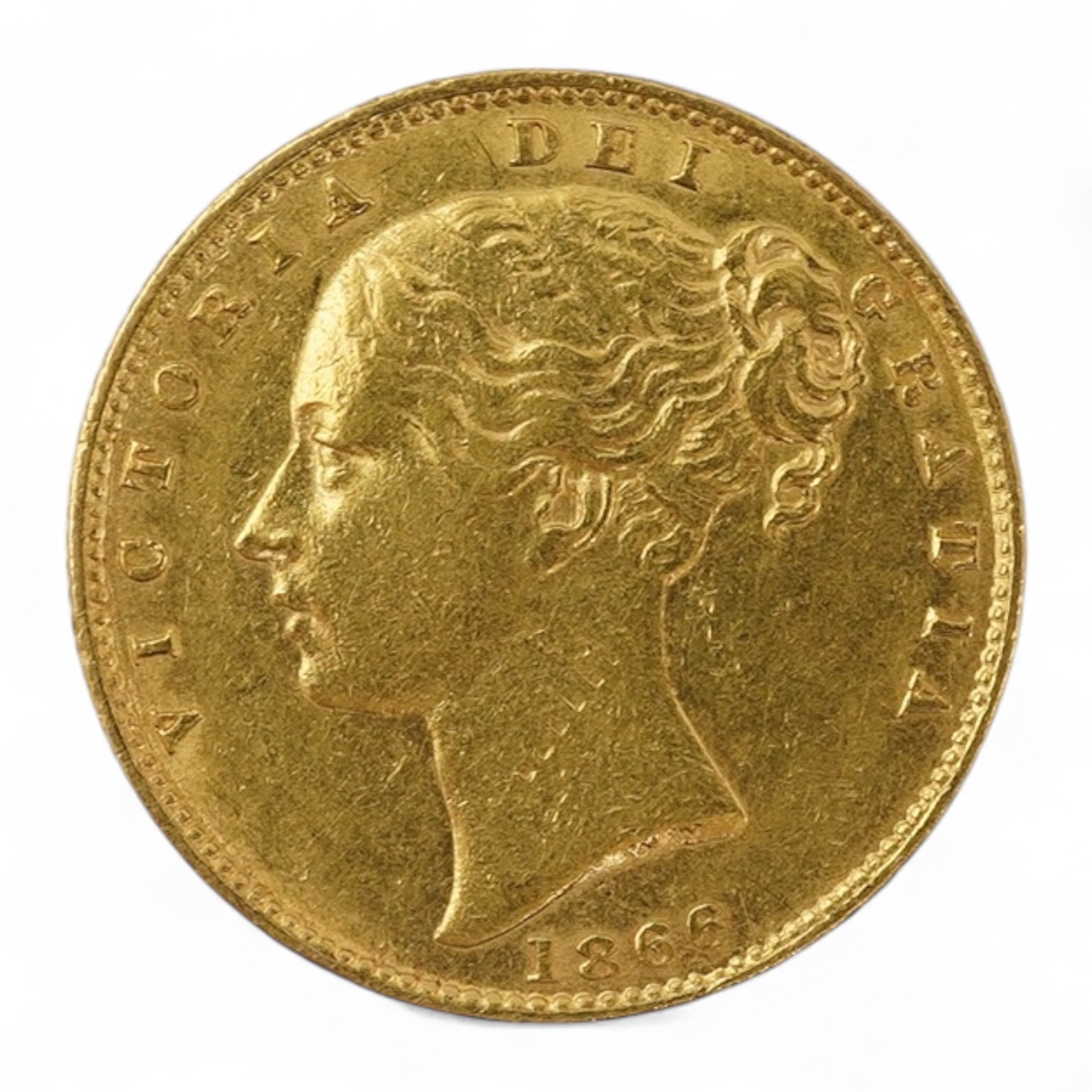 British Gold coins, Victoria, sovereign, 1866, die no. 75, about VF